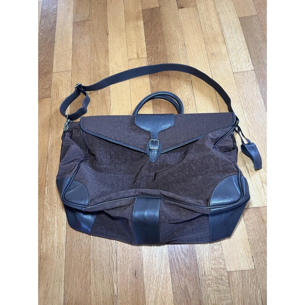 Gevalia Kaffe Weekender Duffel Bag Brown Nylon Leather Trim Shoulder Strap